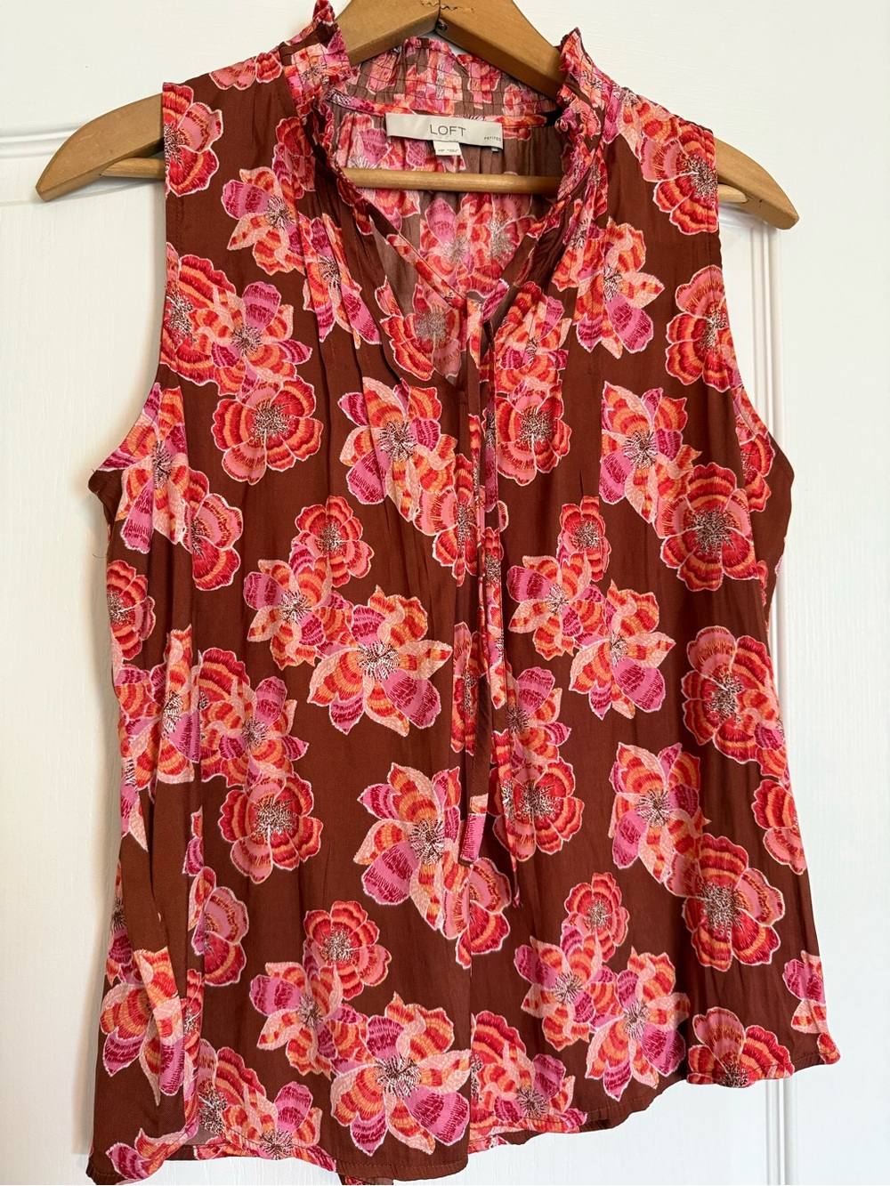 LOFT Brown Sleeveless Floral Tie-Neck Camisole with Pink Accents